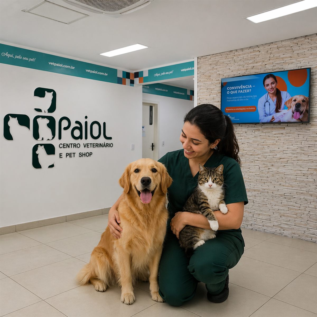 Recepção de uma unidade Paiol com veterinária, um cão e um gato